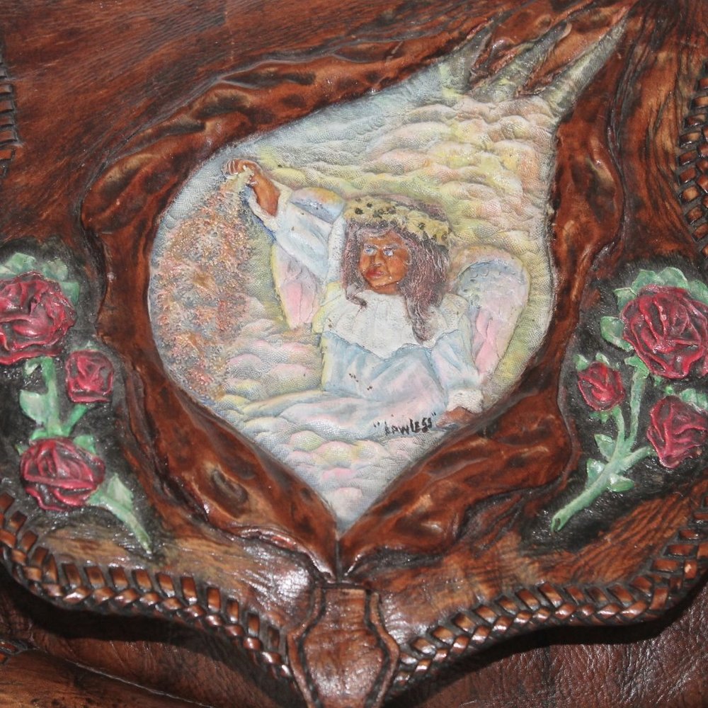 New Handmade Tooled Roses Angel Backpack & Wallet - Picture 9 of 16
